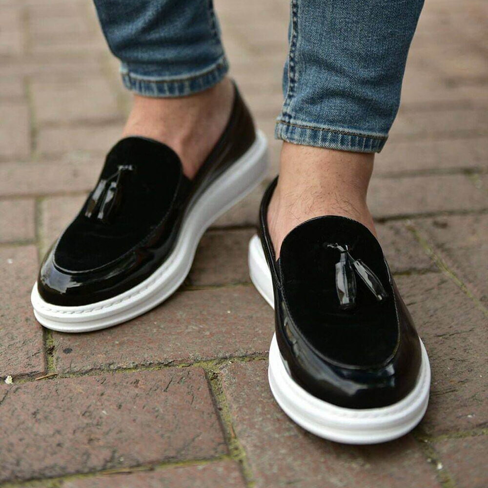 Mens Classic Shoes - Black White Patent Leather - 002