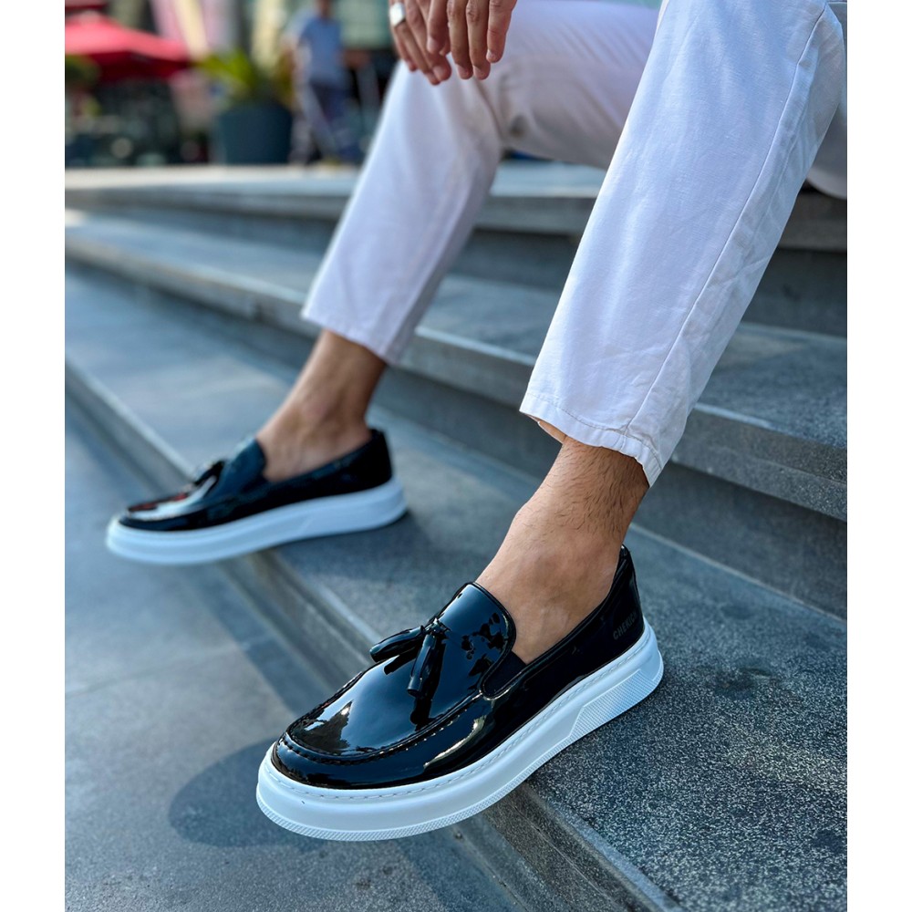 Mens Classic Shoes - Black White Patent Leather - 127