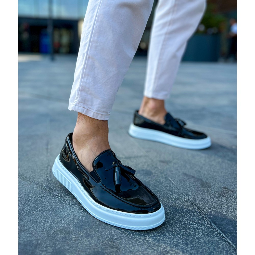 Mens Classic Shoes - Black White Patent Leather - 127