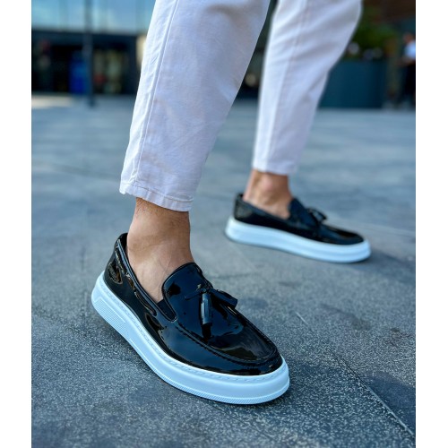 Mens Classic Shoes - Black White Patent Leather - 127