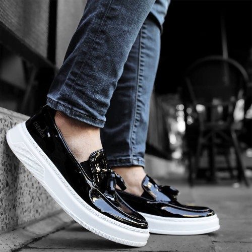 Men's Classic Shoes - Black White Patent Leather - 127