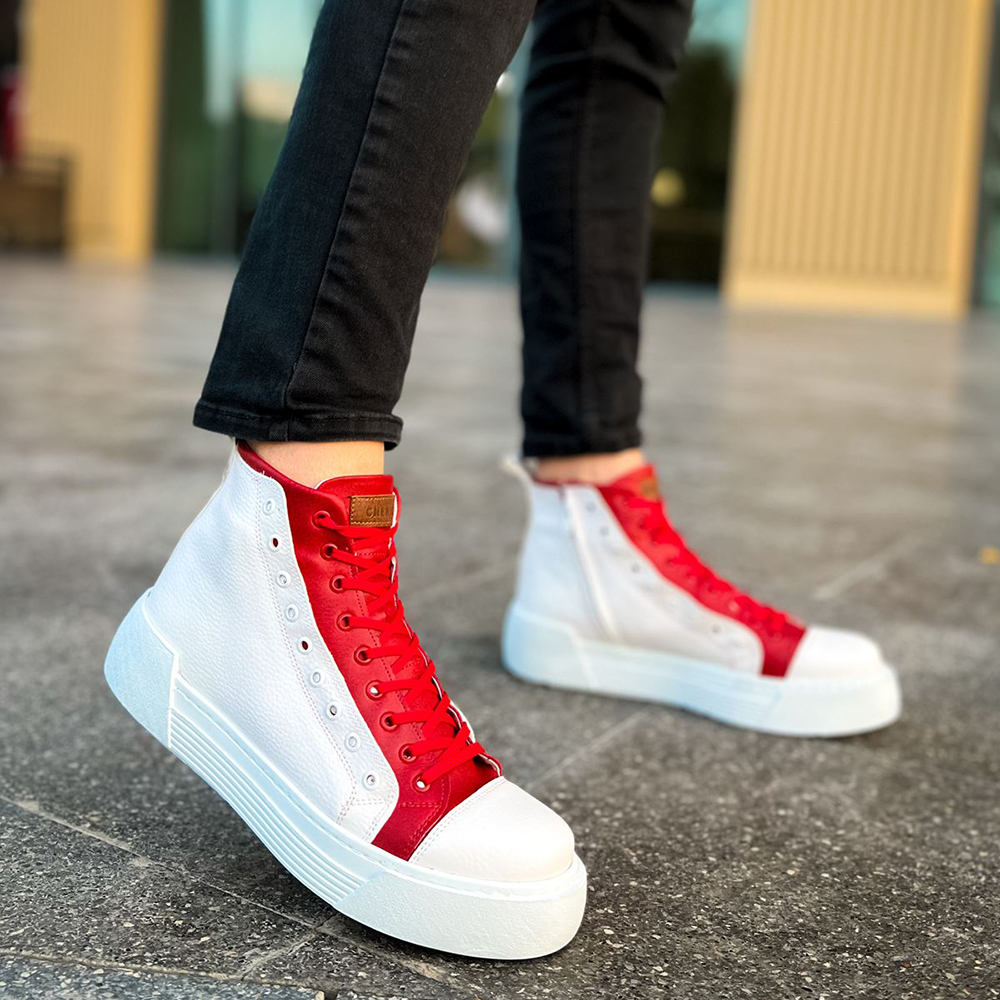 Mens High Top Sneakers - White Red - 167