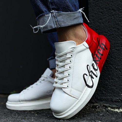 Mens Sneakers - White Red Painted - 254