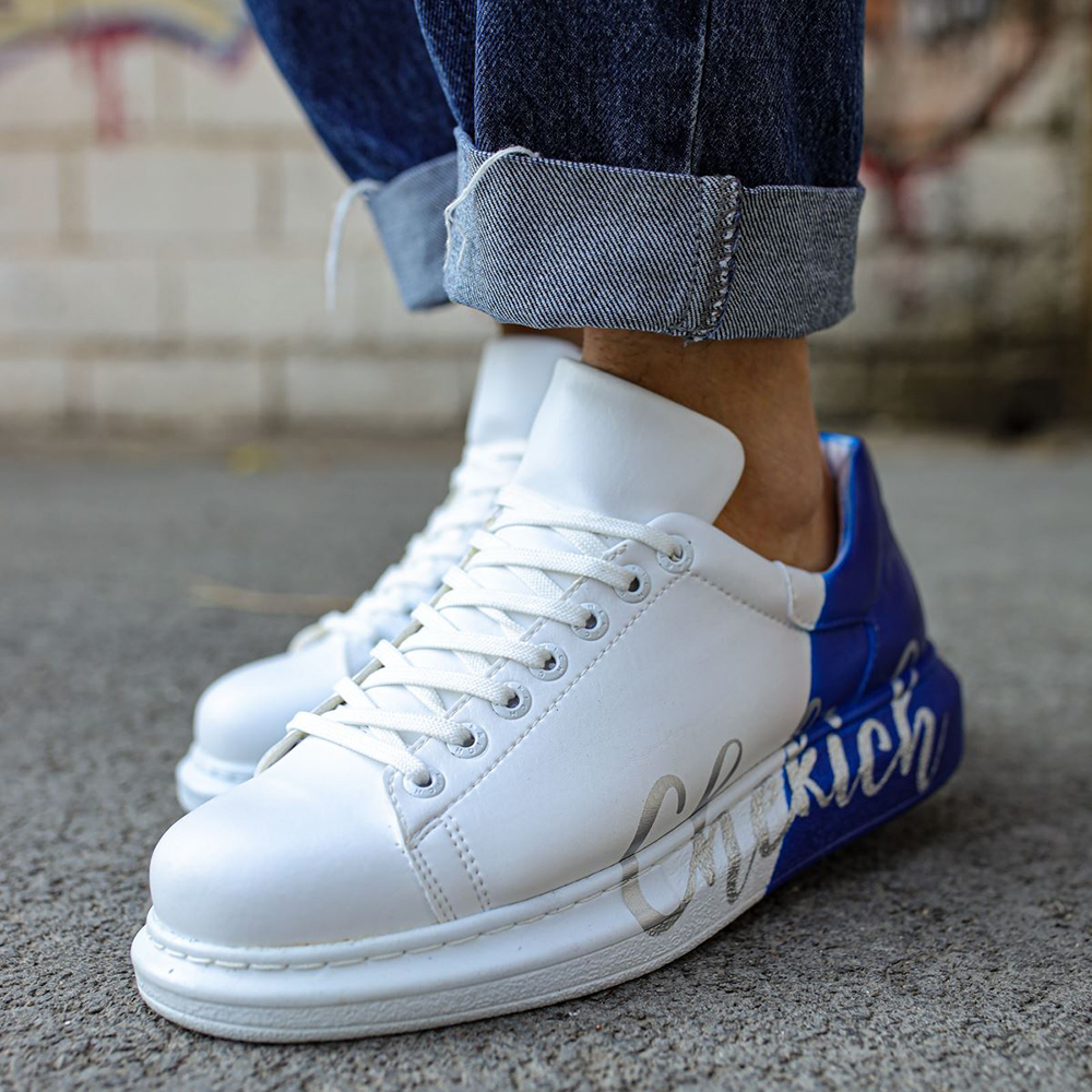 Mens Sneakers - White Blue Painted - 254