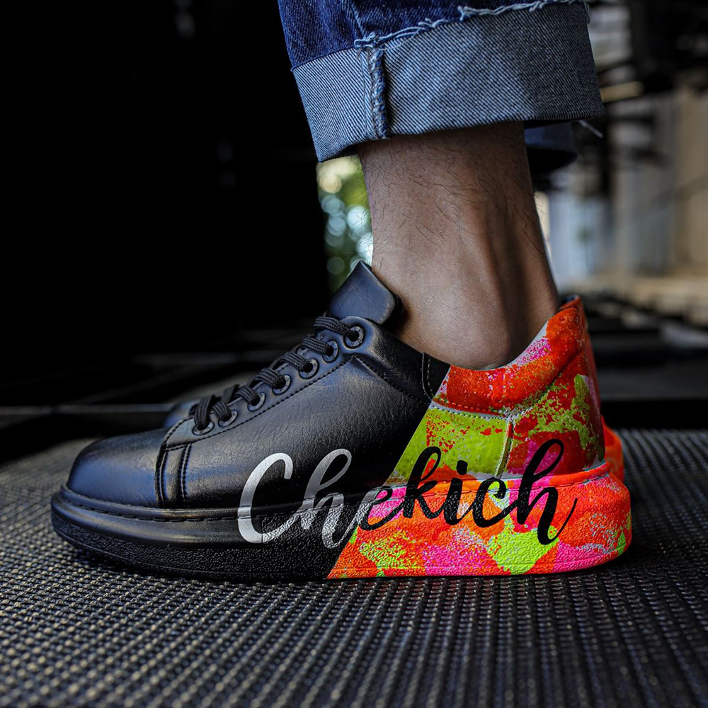 Mens Sneakers - Black Red Yellow Painted - 254