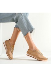 Women's Genuine Leather Ballerina - Dark Beige - 16