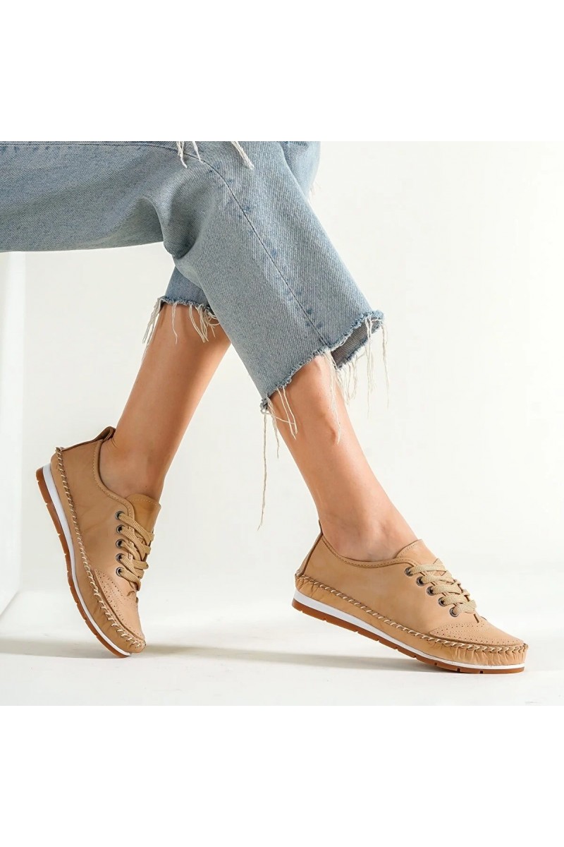 Women's Genuine Leather Ballerina - Dark Beige - 16