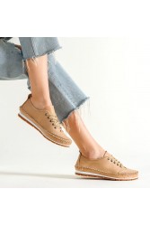Women's Genuine Leather Ballerina - Dark Beige - 16