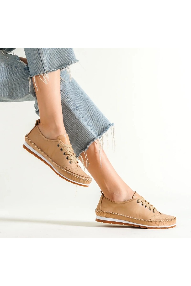 Women's Genuine Leather Ballerina - Dark Beige - 16