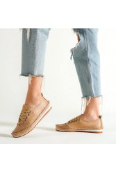 Women's Genuine Leather Ballerina - Dark Beige - 16