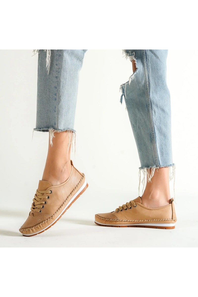 Women's Genuine Leather Ballerina - Dark Beige - 16