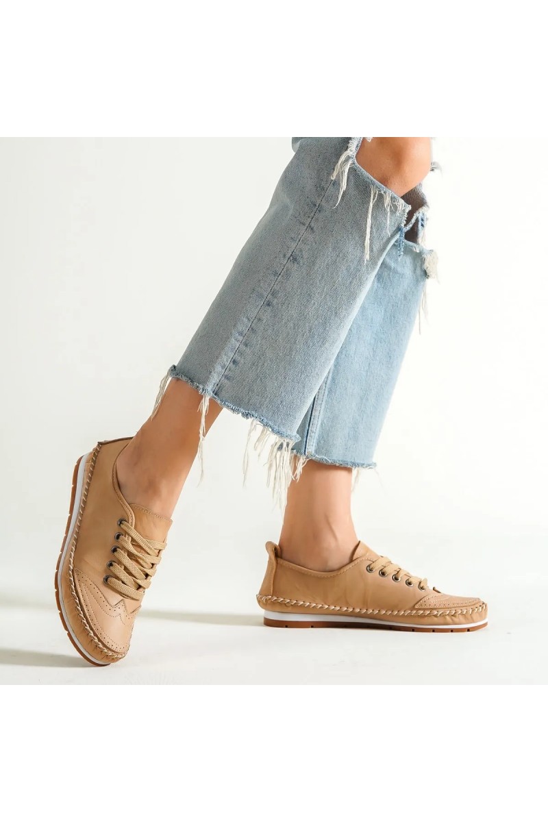 Women's Genuine Leather Ballerina - Dark Beige - 16