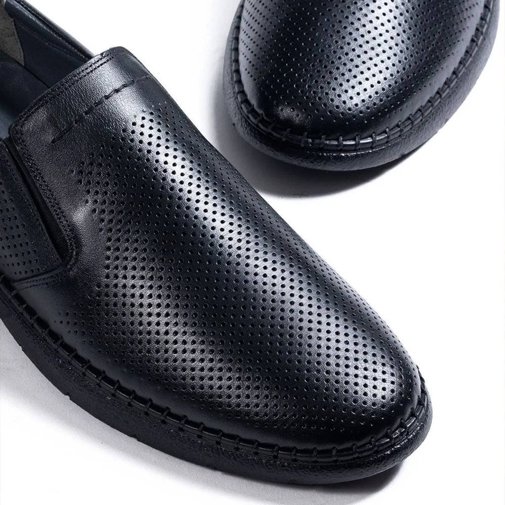 Mens Genuine Leather Loafer Shoes - Black - 010