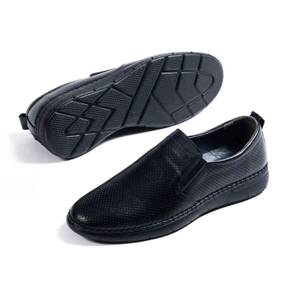 Mens Genuine Leather Loafer Shoes - Black - 010