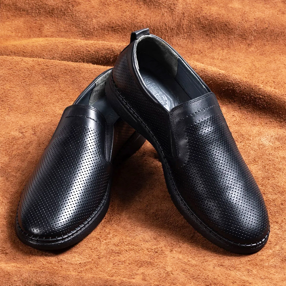 Mens Genuine Leather Loafer Shoes - Black - 010