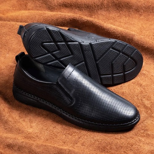 Mens Genuine Leather Loafer Shoes - Black - 010