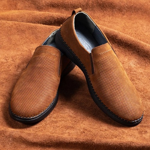 Mens Genuine Leather Loafer Shoes - Tan - 010