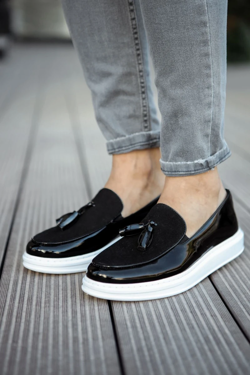 Mens Loafer - Black White Patent Leather - 002