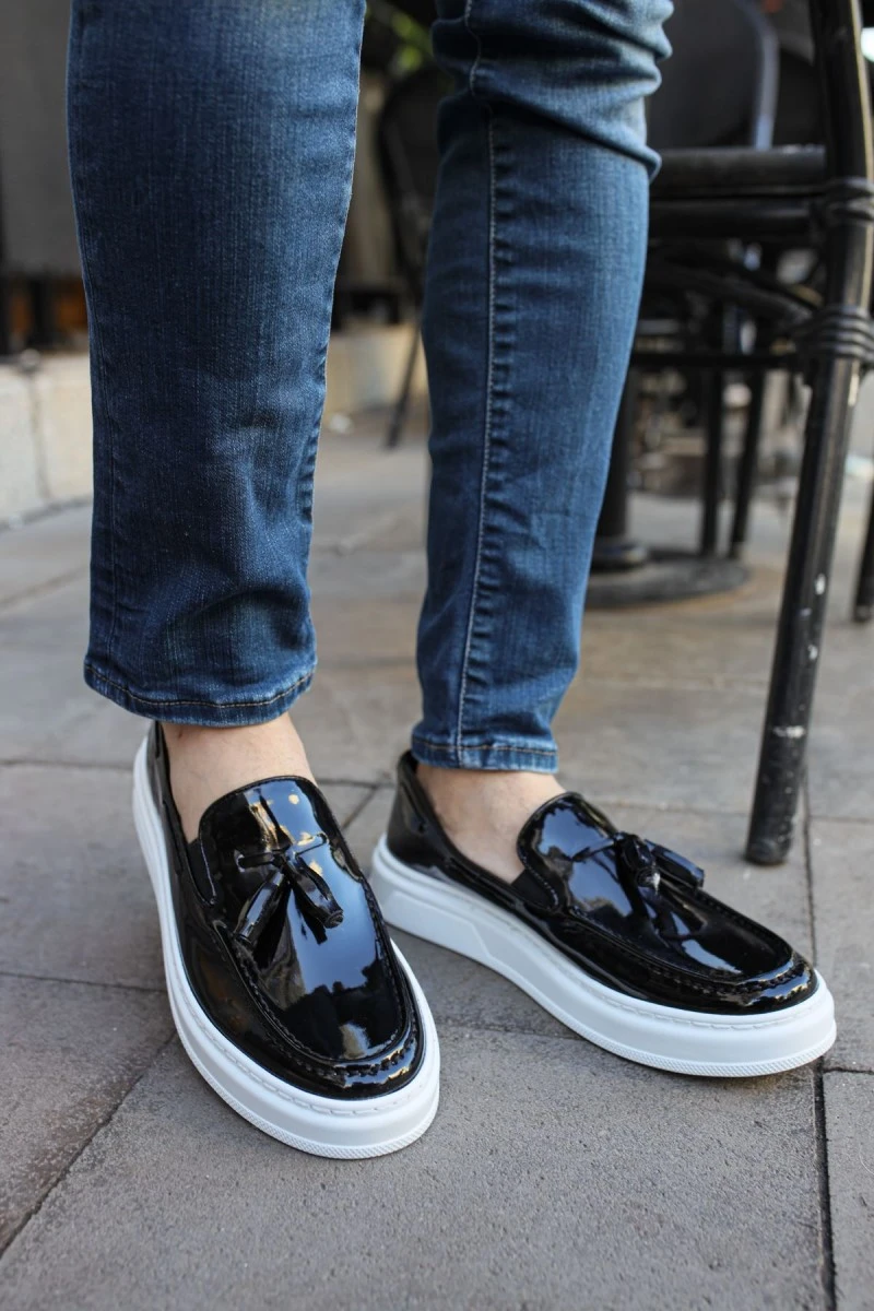 Mens Classic Shoes - Black White Patent Leather - 127