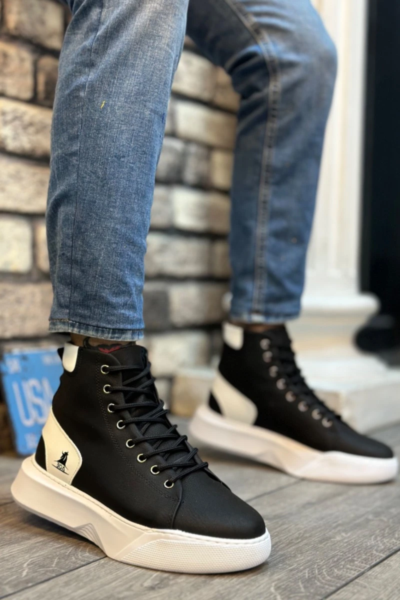 Mens High Top Sneakers - Black White - 0155 - 2