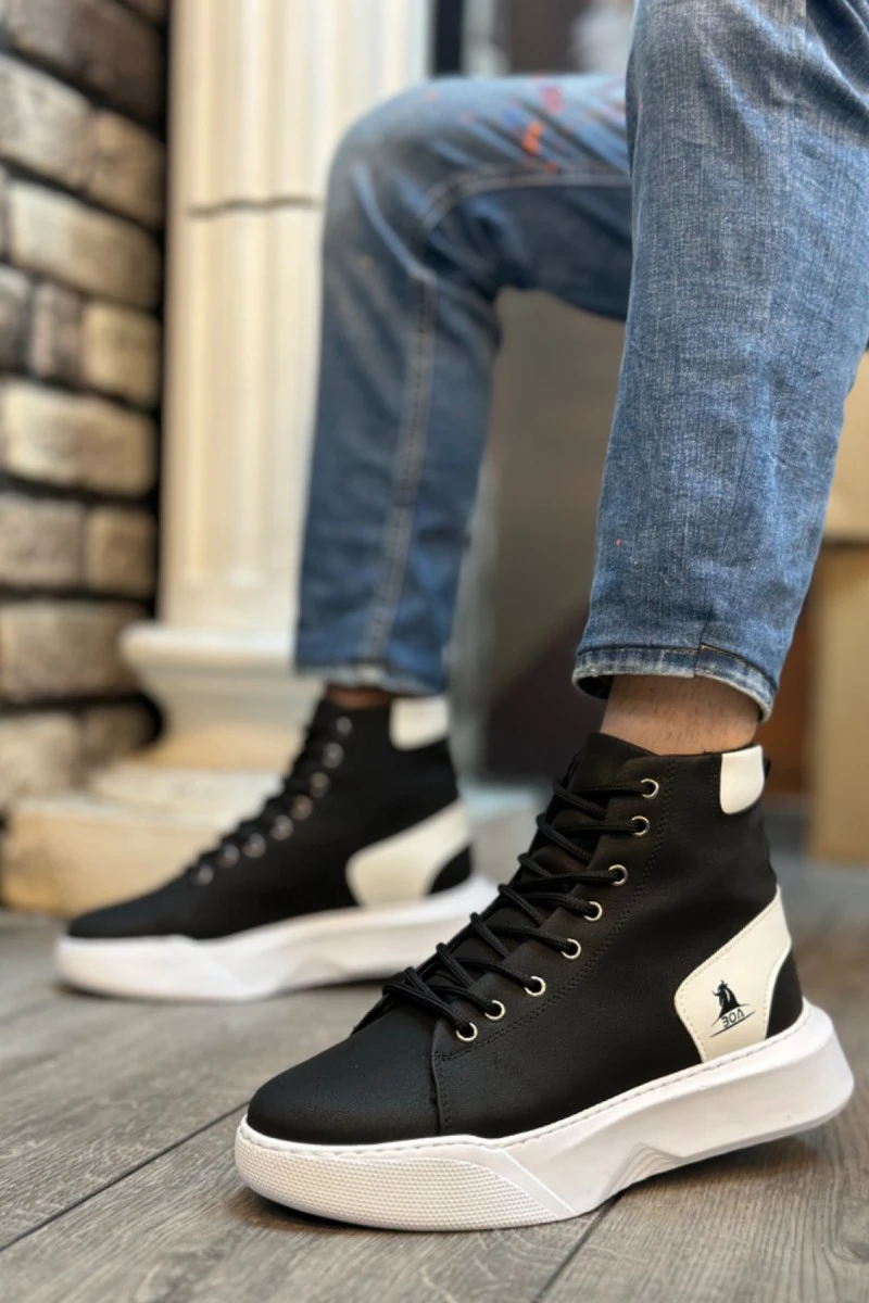 Mens High Top Sneakers - Black White - 0155 - 2