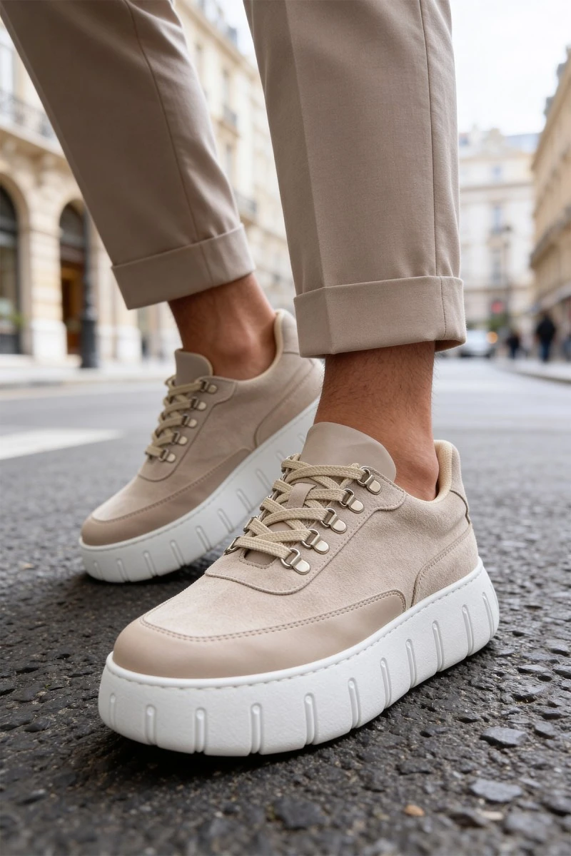Mens Sneakers - Beige Suede White - 600