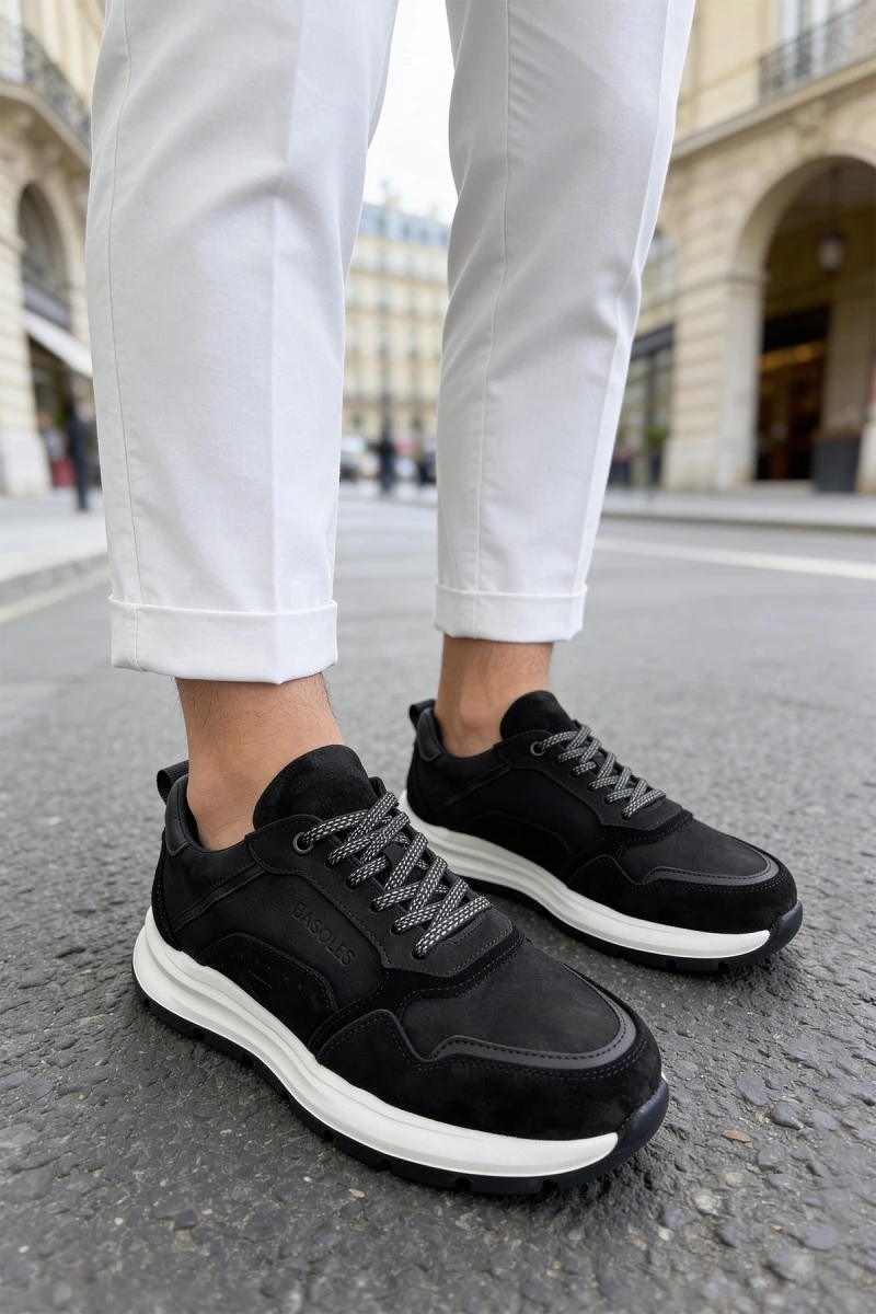 Mens Genuine Leather Sneakers - Black White - 321