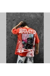 Mens Oversized T-shirt - Red - Skeleton