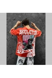 Mens Oversized T-shirt - Red - Skeleton