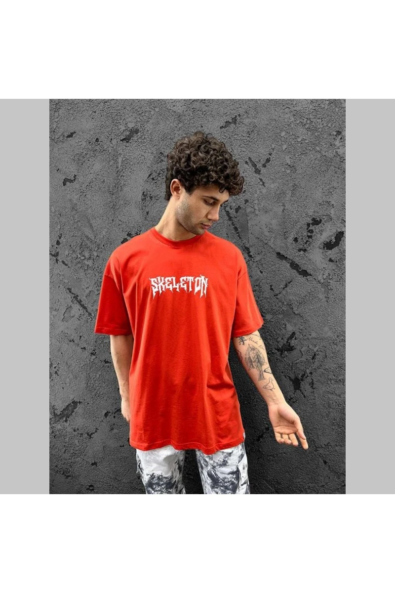 Mens Oversized T-shirt - Red - Skeleton