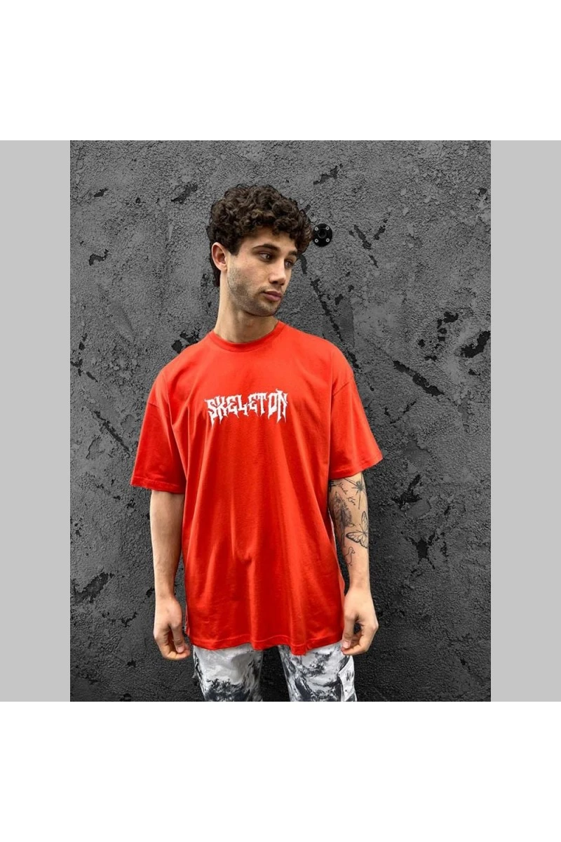 Mens Oversized T-shirt - Red - Skeleton