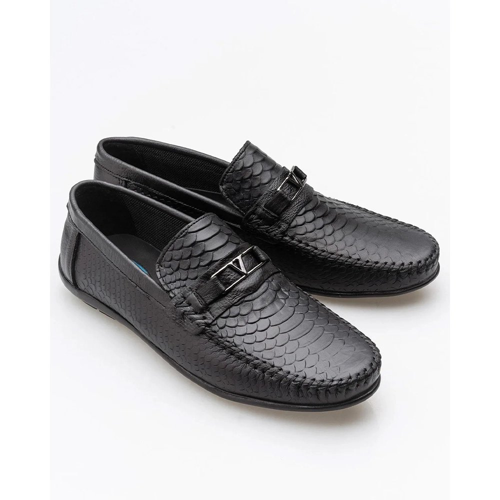 Mens Genuine Leather Loafer Shoes - Black - 002