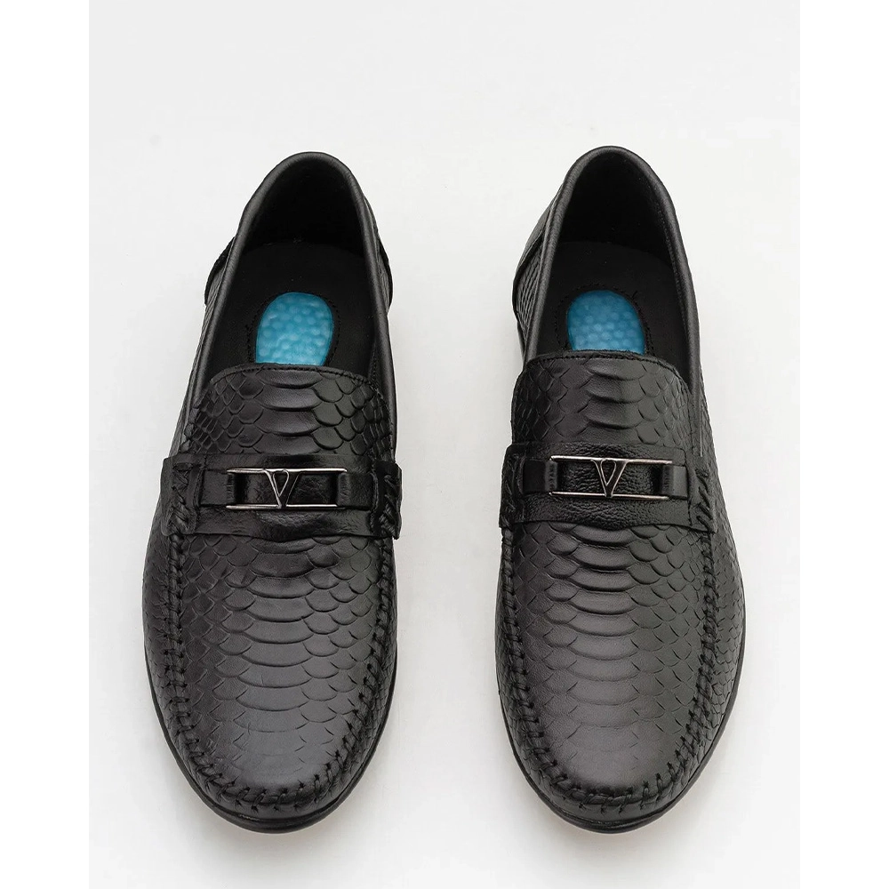 Mens Genuine Leather Loafer Shoes - Black - 002