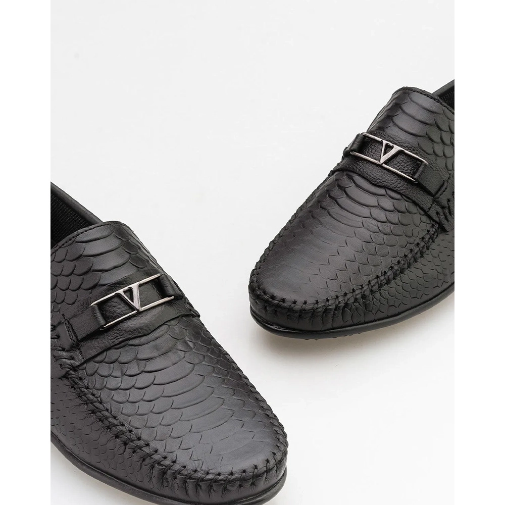 Mens Genuine Leather Loafer Shoes - Black - 002